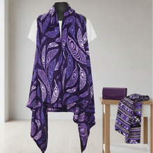 Load image into Gallery viewer, Purple patterned scarf on a mannequin with red and pink roses in the background