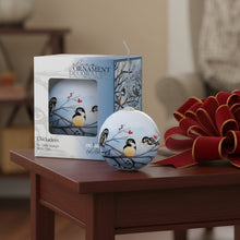 Load image into Gallery viewer, Decorative glass ornament with chickadees on branches, displayed with packaging.