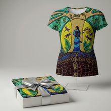 Load image into Gallery viewer, A fitted women's t-shirt with an all-over colorful print featuring a figure and nature elements, designed by Métis Artist Leah Dorion.