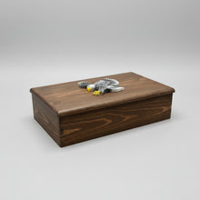 Load image into Gallery viewer, Wooden box with a decorative item on a workbench with various tools and materials in the background