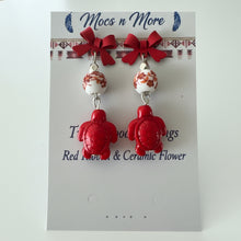 Load image into Gallery viewer, Turtle Bloom Earrings – Red Ribbon &amp; Ceramic Flower