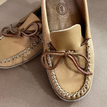 Load image into Gallery viewer, Pair of tan loafers with brown laces on a neutral background