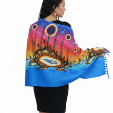 Load image into Gallery viewer, Woman wearing a colorful scarf with a dragon design on a white background