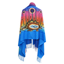 Load image into Gallery viewer, Colorful shawl with a turtle design and fringe on a white background