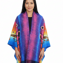 Load image into Gallery viewer, Woman wearing a colorful poncho with a white background