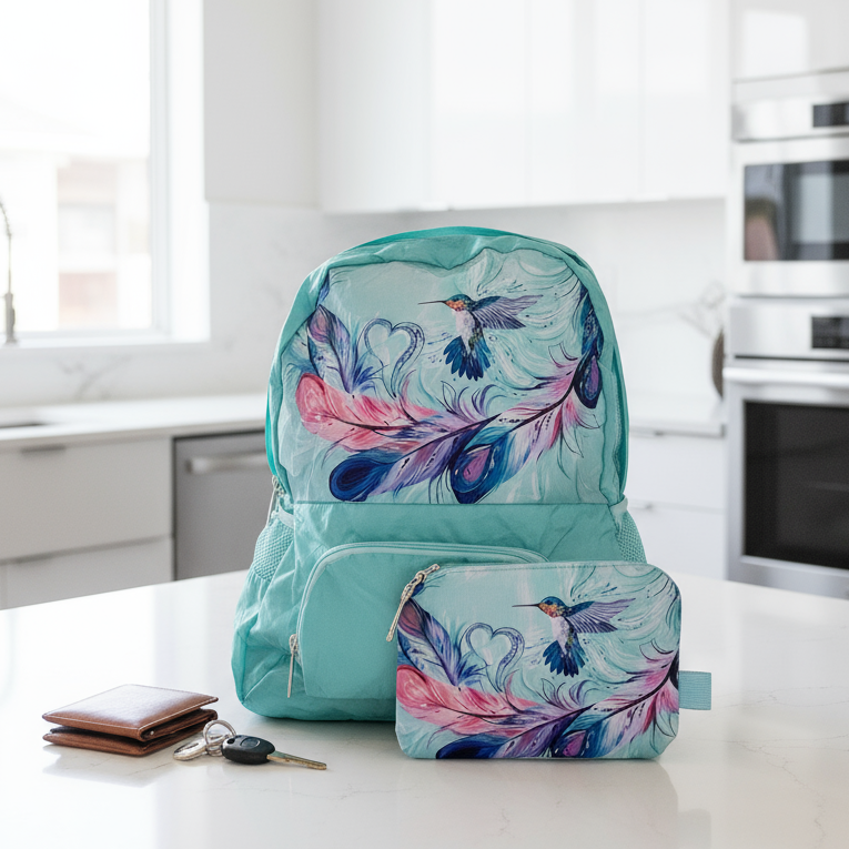 Foldable Indigenous Designed Backpacks - Hummingbird Feathers