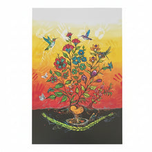 Load image into Gallery viewer, A square art print or card featuring a colorful illustration of a flowering tree with hummingbirds, butterflies, and a heart-shaped trunk, photographed on a textured gray carpet.
