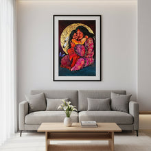 Load image into Gallery viewer, Artistic depiction of a woman holding a child with a colorful patterned fabric, on a textured surface.