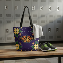 Load image into Gallery viewer, Tote bag with butterfly design on a wooden table with flowers and wallet