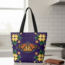 Load image into Gallery viewer, Tote bag with butterfly design on a kitchen counter