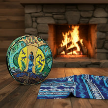 Load image into Gallery viewer, Colorful circular pillow with intricate patterns on a white background