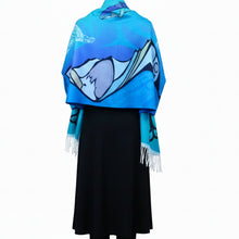 Load image into Gallery viewer, Blue shawl with mountain and wave design on a white background