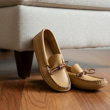 Load image into Gallery viewer, Beige moccasin shoes on a light gray surface