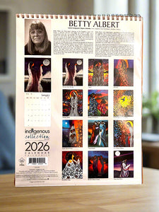 2026 calendar by Betty Albert with artistic images on a brown background