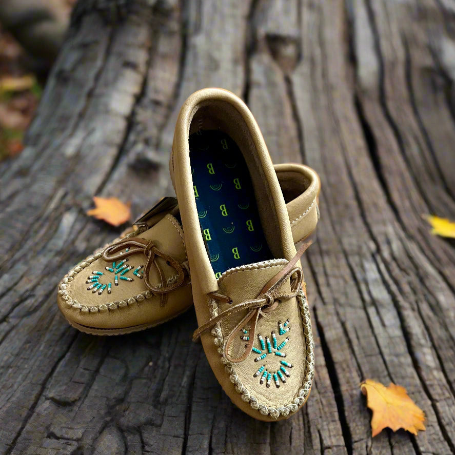 Yänonhchia' Hand Beaded Women's Moose Hide Moccasins | Mocs N More