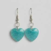 Load image into Gallery viewer, Light Turquoise Sparkle Heart Dangle Earrings - Handcrafted Epoxy with Hypoallergenic Posts