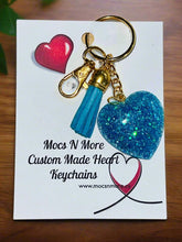 Load image into Gallery viewer, Mocs N More - Heart Turquoise &amp; Sparkle Keychains