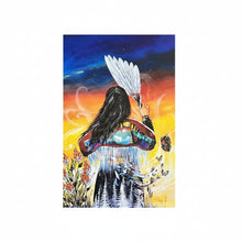 Load image into Gallery viewer, A square art print or painting depicting a Native American woman from behind, holding a white feather war bonnet, with a colorful sunset sky, butterflies, and floral elements, placed on a gray carpeted floor.