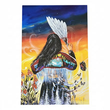 Load image into Gallery viewer, A square canvas art print depicting a Native American woman with a feathered headdress and a mushroom cap above her head, surrounded by flowers and butterflies, shown on a carpeted floor.
