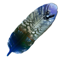 Load image into Gallery viewer, A decorative glass feather plate with a glossy finish, featuring a blue, green, and black feather design on a beige background.