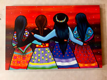 Load image into Gallery viewer, colorful painted of four women with there arms wrapped around each other
