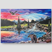 Load image into Gallery viewer, Painting of a bear by a lake with mountains and an eagle in the sky.