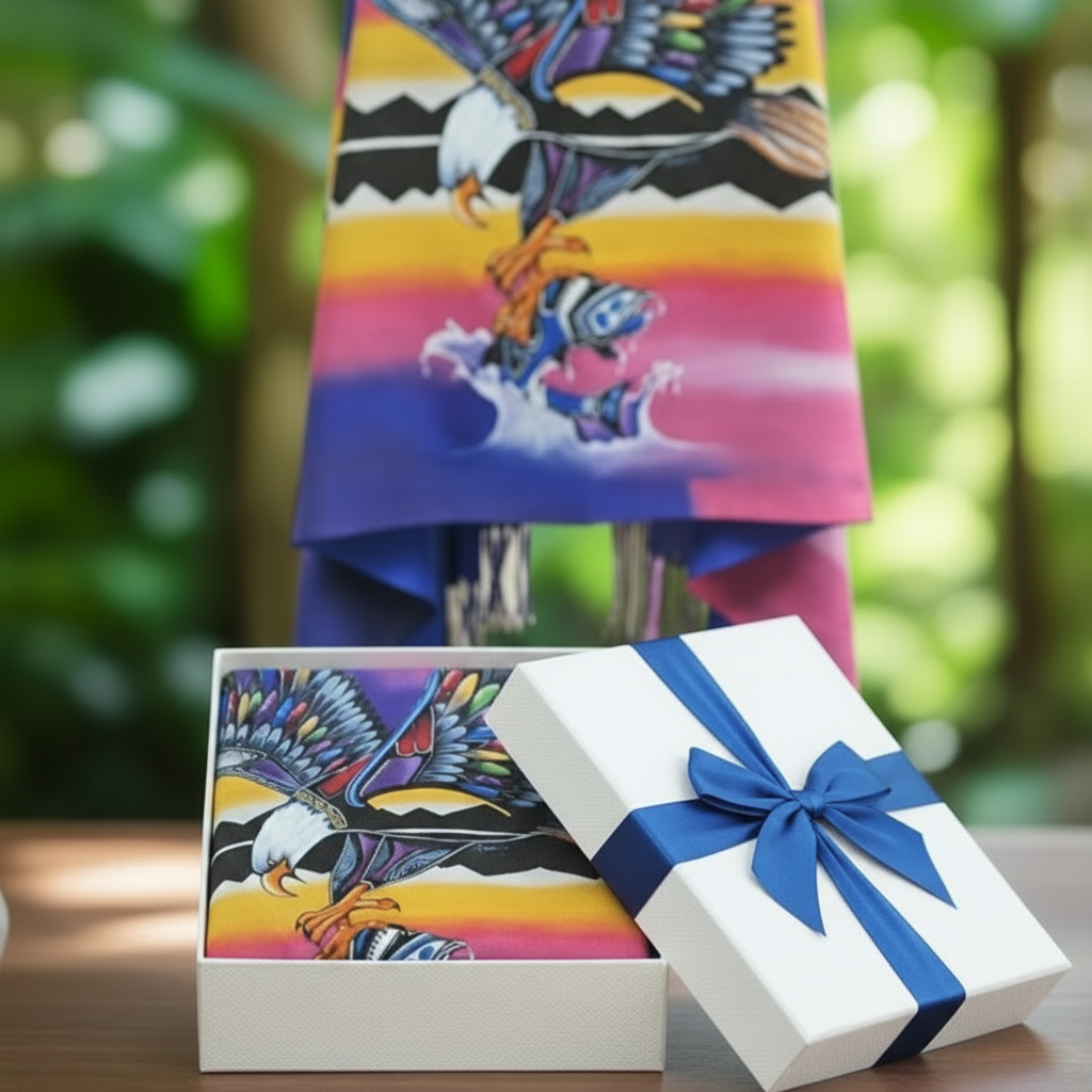 Colorful towel with eagle design in a white gift box on a blurred green background