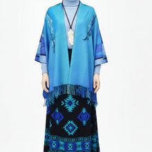Load image into Gallery viewer, Blue shawl with fringe on a mannequin against a white background