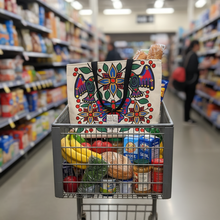 Load image into Gallery viewer, Supermarket aisle with a shopping cart full of groceries and a colorful bag.