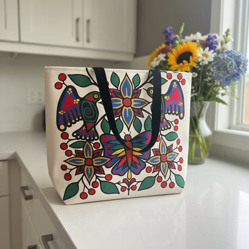 Colorful bag with floral design on a shelf in a store