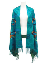 Load image into Gallery viewer, A teal and turquoise open-front shawl with colorful butterfly and bird motifs, displayed on a white mannequin torso with fringe at the bottom.