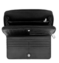Load image into Gallery viewer, Black leather zip-around wallet shown open, displaying multiple interior card slots, a zippered compartment, and a snap-button closure on a plain white background.