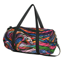 Load image into Gallery viewer, Colorful duffel bag with a swan design on a white background