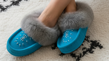 Load image into Gallery viewer, Laurentian Chief Women's Moccasins - Aqua | Rabbit Fur Trim &amp; Hand Beadwork
