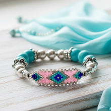 Load image into Gallery viewer, Beaded turquoise bracelet with silk scarf - variation 2