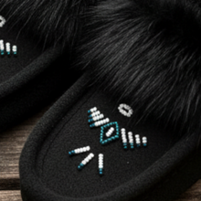 Load image into Gallery viewer, Laurentian Chief Women's Moccasins - Black | Rabbit Fur Trim &amp; Thunderbird Beadwork
