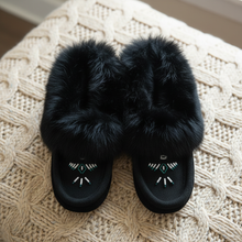 Load image into Gallery viewer, Black Moccasins - Knit Blanket Top View