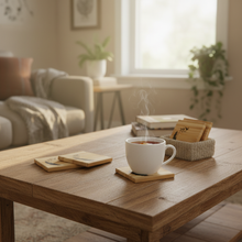 Load image into Gallery viewer, Cedar coasters with tea on rustic table