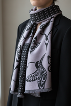 Load image into Gallery viewer, Close-up of scarf on black jacket
