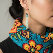 Load image into Gallery viewer, Close-up of Silver Feather Earrings with Prairie Beadwork scarf