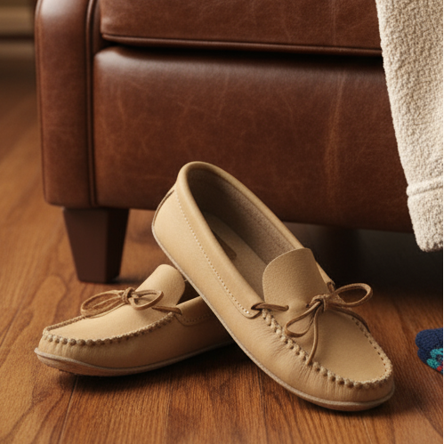 Beige moccasin shoe with pearl embellishments on a wooden surface with flowers.