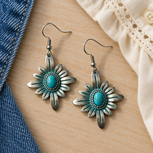 Load image into Gallery viewer, Turquoise Sunburst Flower Earrings styled with denim
