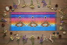 Load image into Gallery viewer, Celebration of Creation Indigenous art shawl flat lay showing full turtle artwork