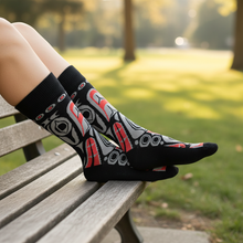 Load image into Gallery viewer, ART SOCKS - Matriarch Bear lifestyle photo, outdoor bench
