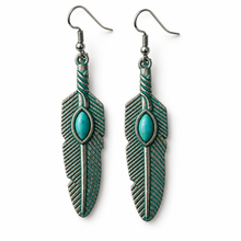 Load image into Gallery viewer, Turquoise Whisper Feather Earrings on a white background