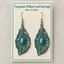 Load image into Gallery viewer, Turquoise Willow Leaf Earrings on a named ivory display card, styled packaging mockup