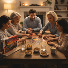 Load image into Gallery viewer, Family assembling Daytime Dreamer puzzle at table with snacks