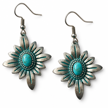 Load image into Gallery viewer, Turquoise Sunburst Flower Earrings on a white background