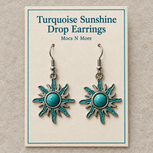 Load image into Gallery viewer, Turquoise Sunshine Drop Earrings on a named ivory display card, styled packaging mockup