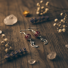 Load image into Gallery viewer, Crimson Moon Dangle Earrings rustic lifestyle